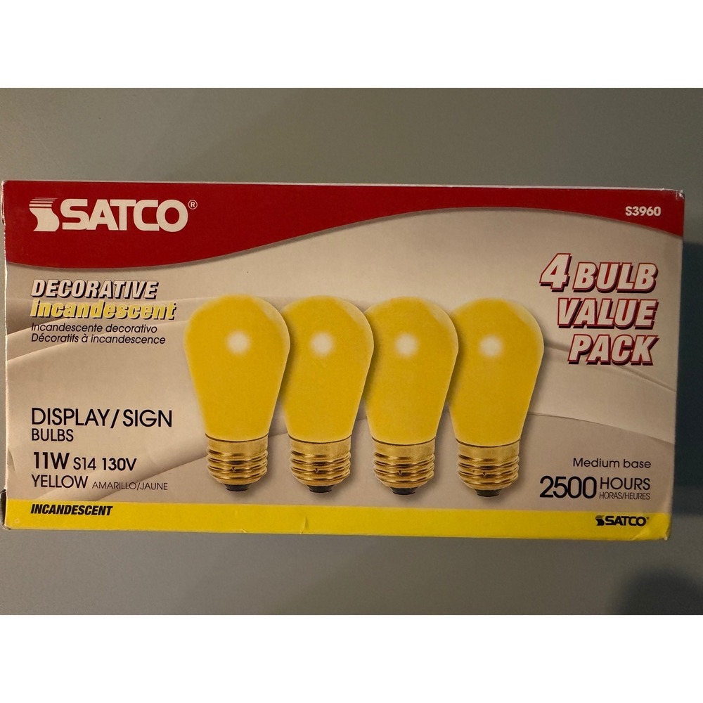Satco S3960 11W S14 Yellow Incandescent Display Sign Bulbs Medium Base 4 Pack